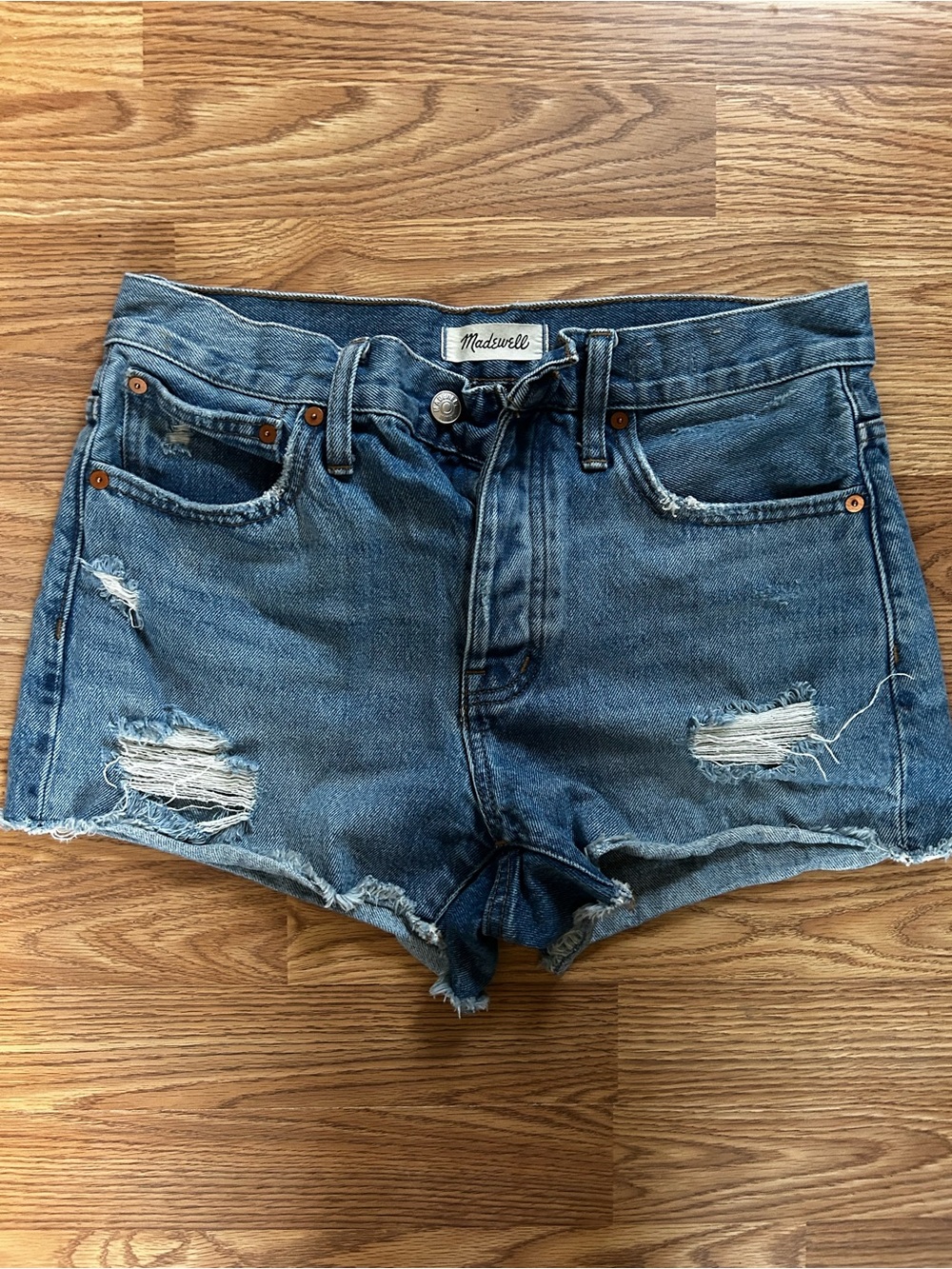 Madewell Distressed Mid-Blue High-Rise Denim Cutoff Shorts